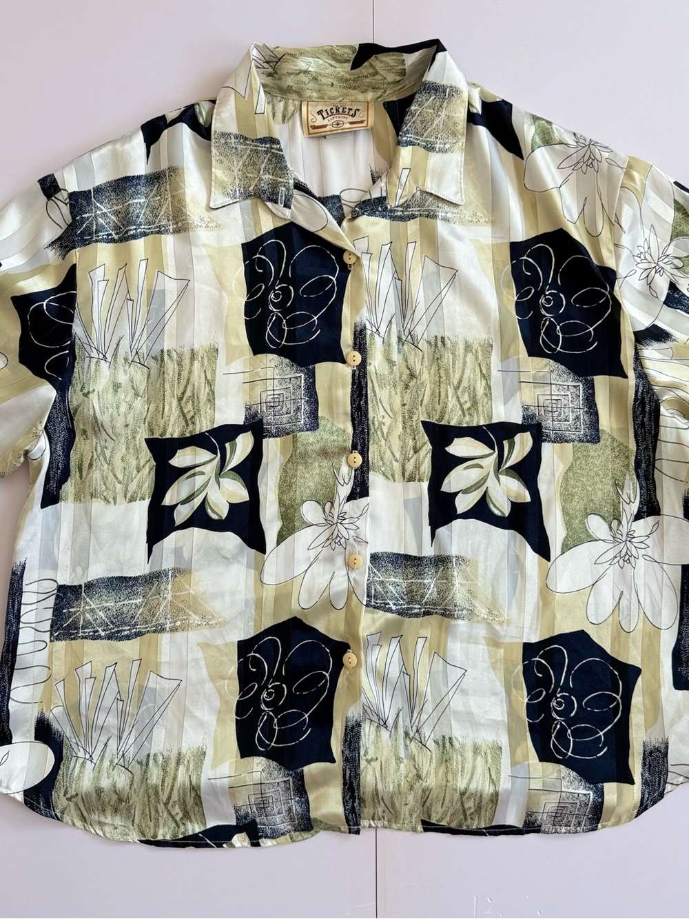 Vintage Retro Size 22 Abstract Short Sleeve Button Up Shirt Geometric Patchwork